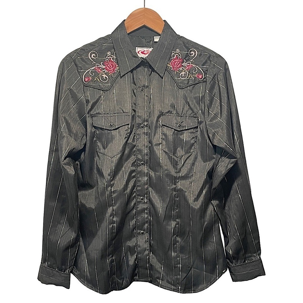 Roper Black Snap Button Embroidered Western Button Front Shirt Size Medium